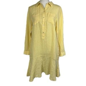 Talbots Yellow Linen Shirtdress Size M Drop Waist Flounce Coastal Beachy Pockets